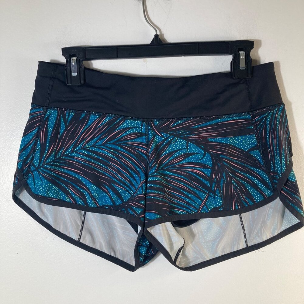 Womens Lululemon Lined Running Shorts Black Green Leaves 6 Back Pocket Vented
